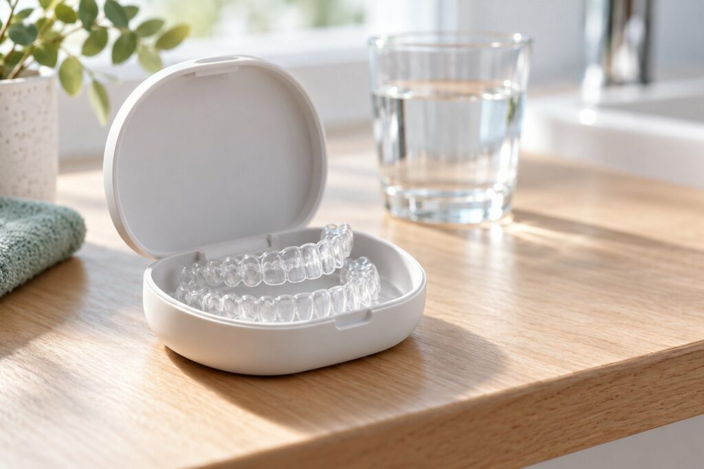 Clear aligner trays in an open carry case