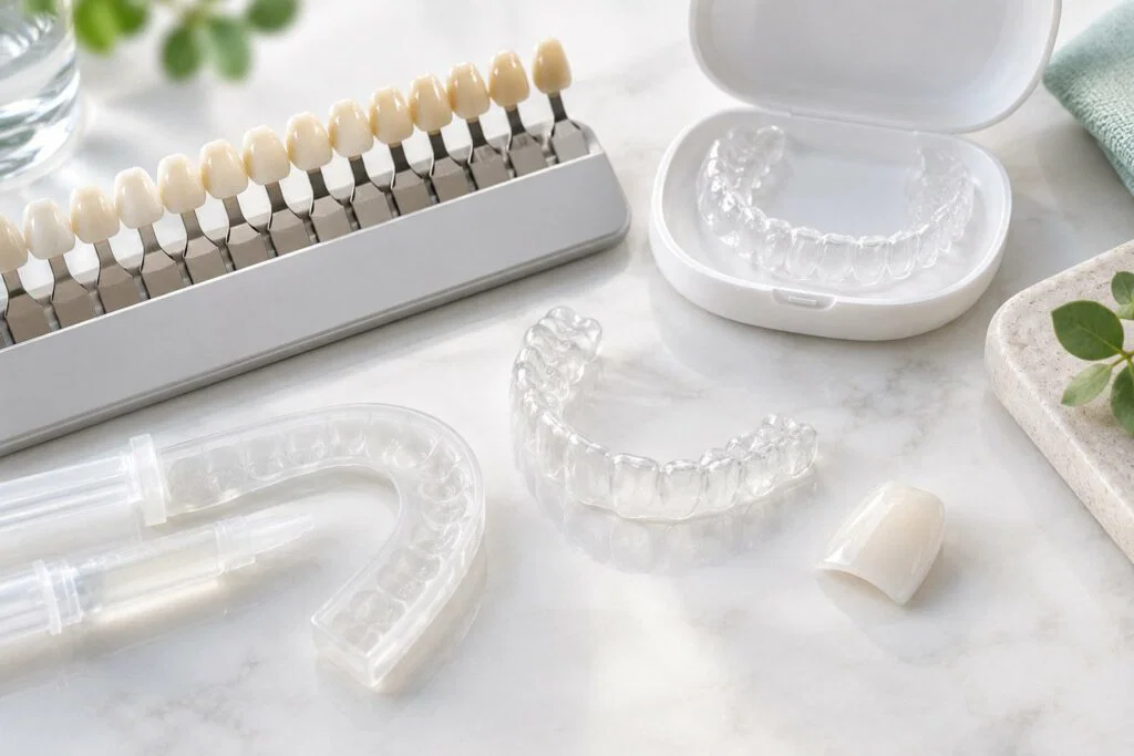 Shade guide, whitening tray, veneer and aligner
