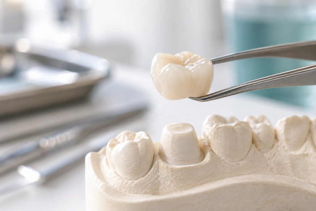A ceramic crown held in tweezers