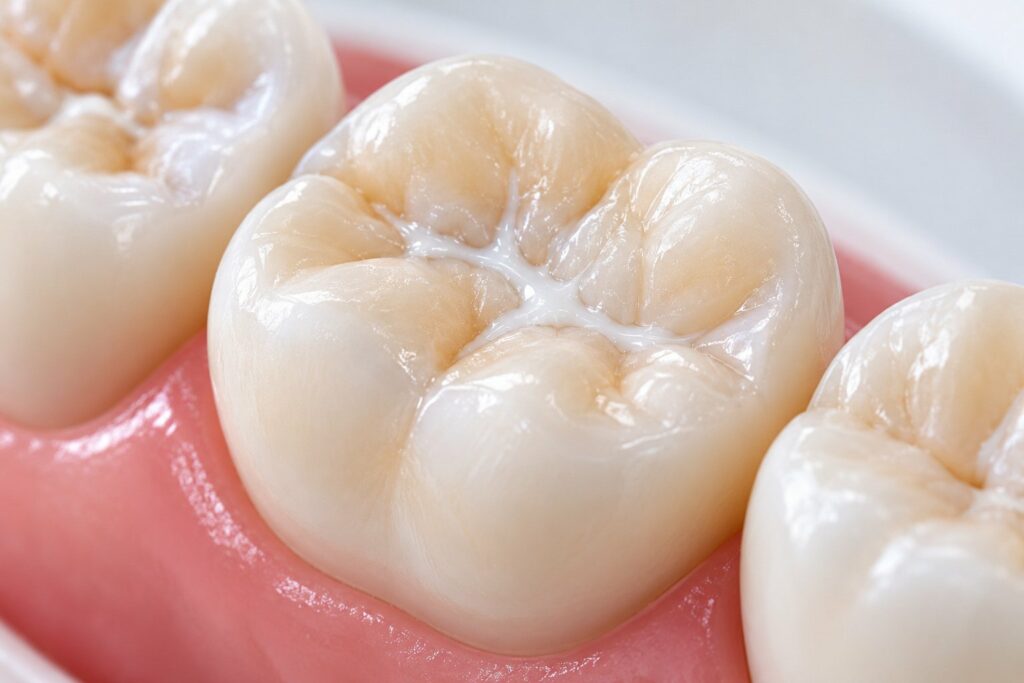 Fissure sealant on the grooves of a molar