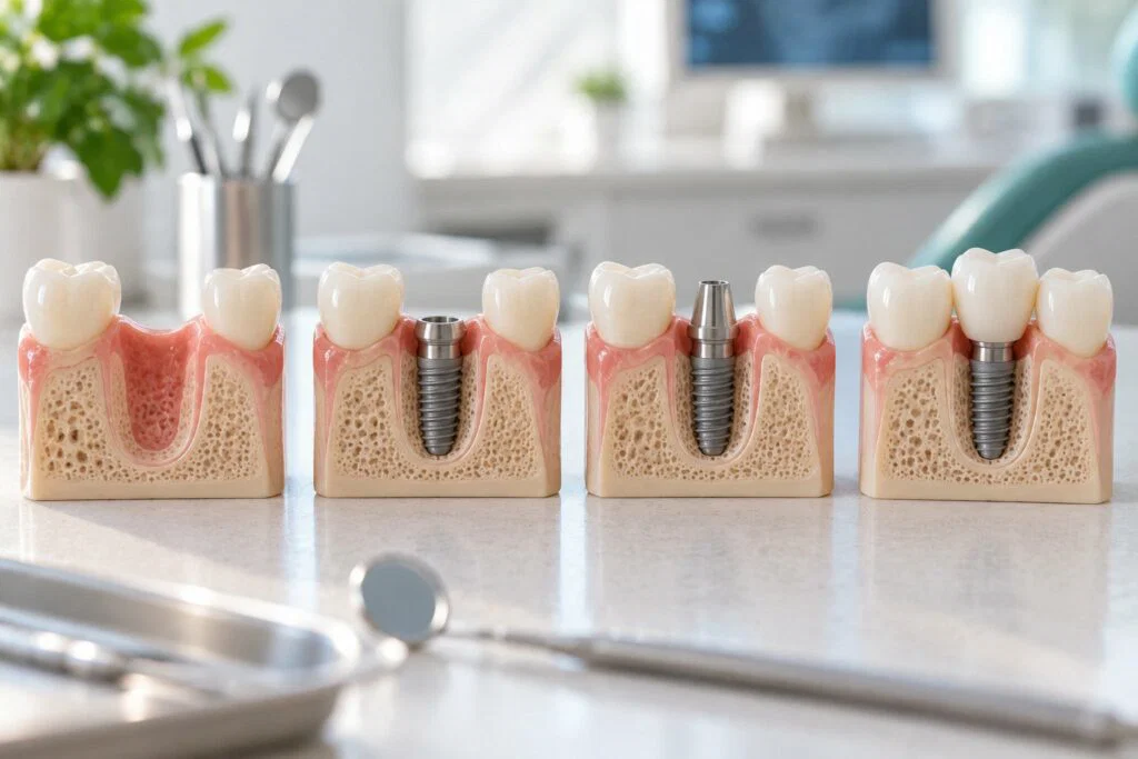 Stages of dental implant treatment on models