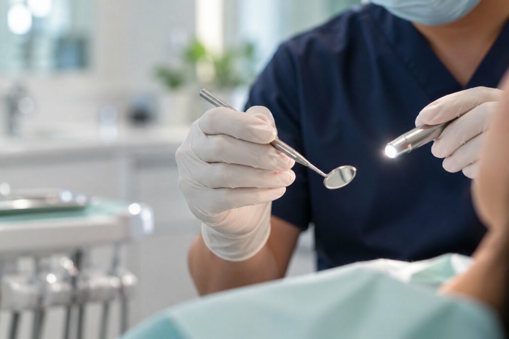 Dental mirror and light used for a mouth examination