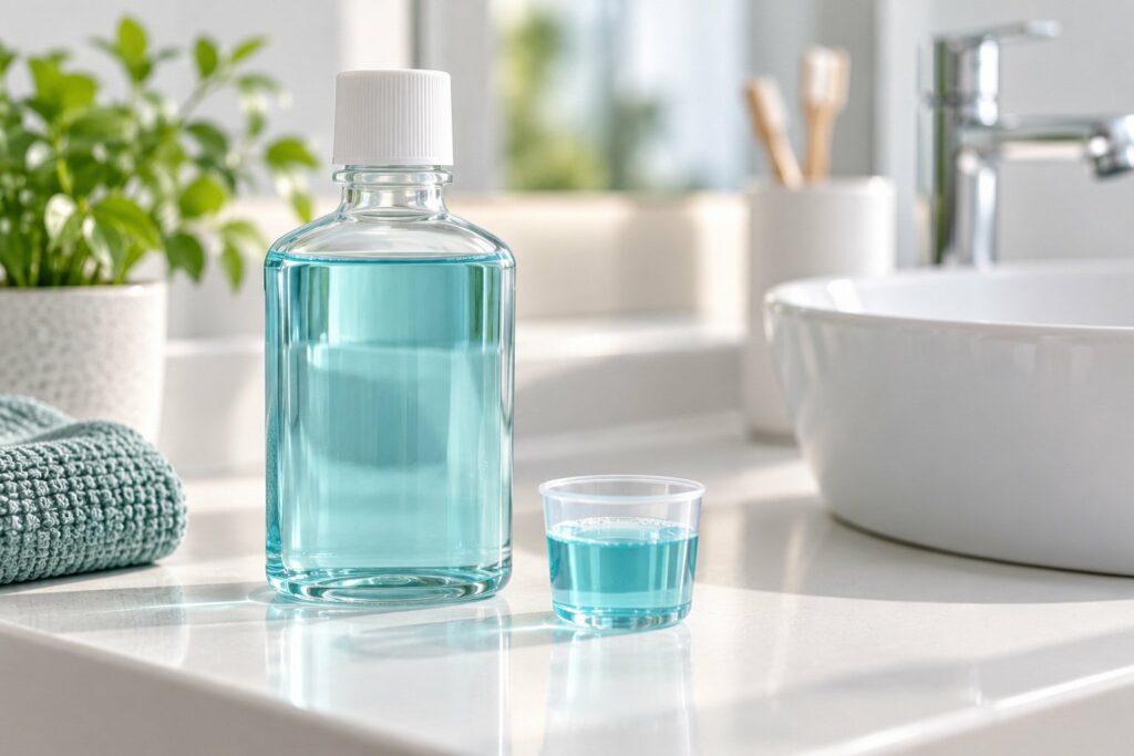 Unlabelled mouthwash bottle and cup