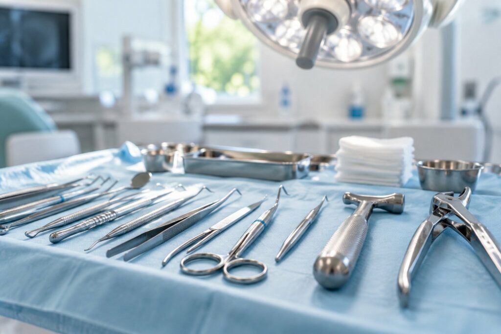 Oral surgery instruments on a sterile drape