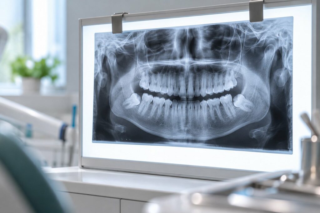 Panoramic X-ray showing impacted wisdom teeth