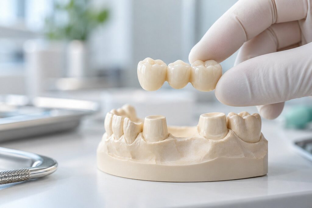 A porcelain dental bridge