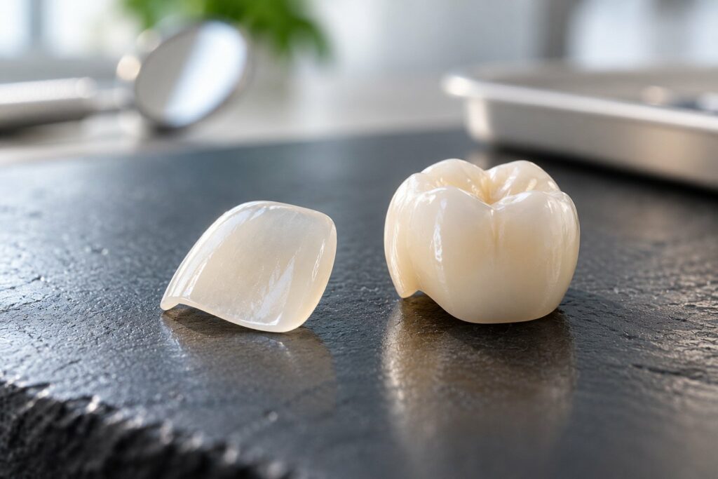 A porcelain veneer beside a ceramic crown