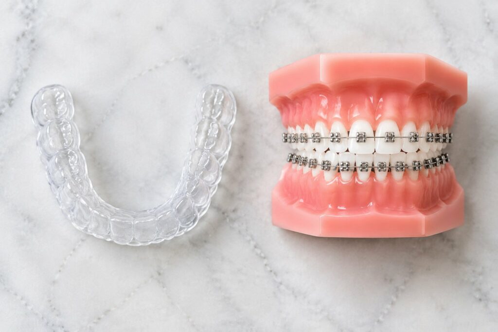 A clear aligner beside a model with braces