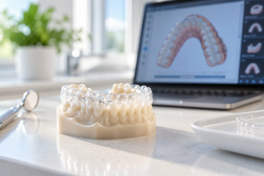 Clear aligner on a 3D-printed dental model