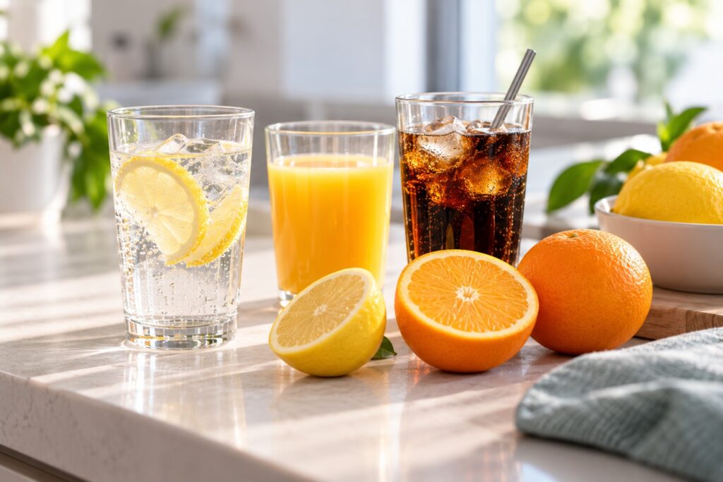 Lemon water, orange juice, soft drink and citrus fruit
