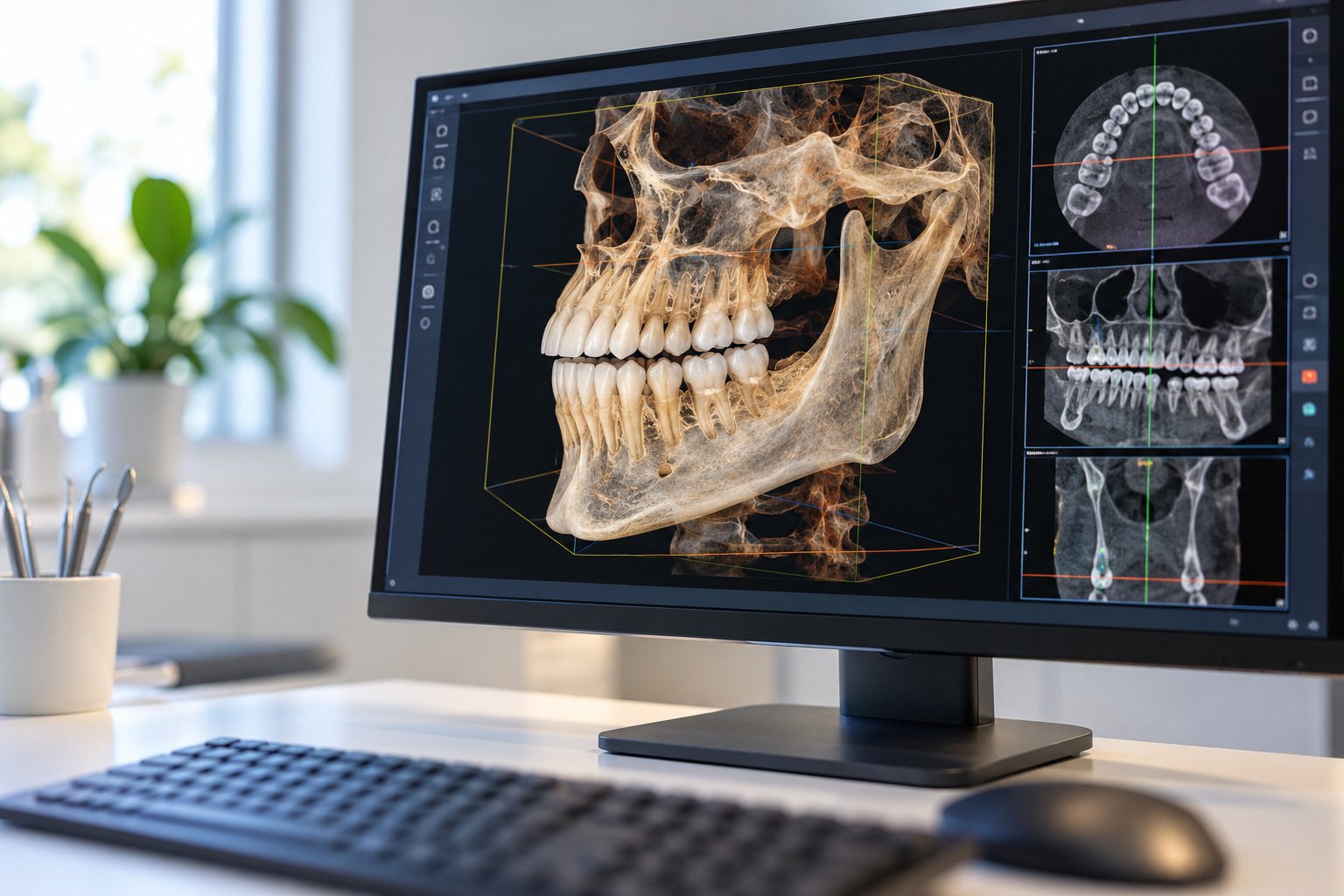 3D jaw image from a CBCT scan on a monitor