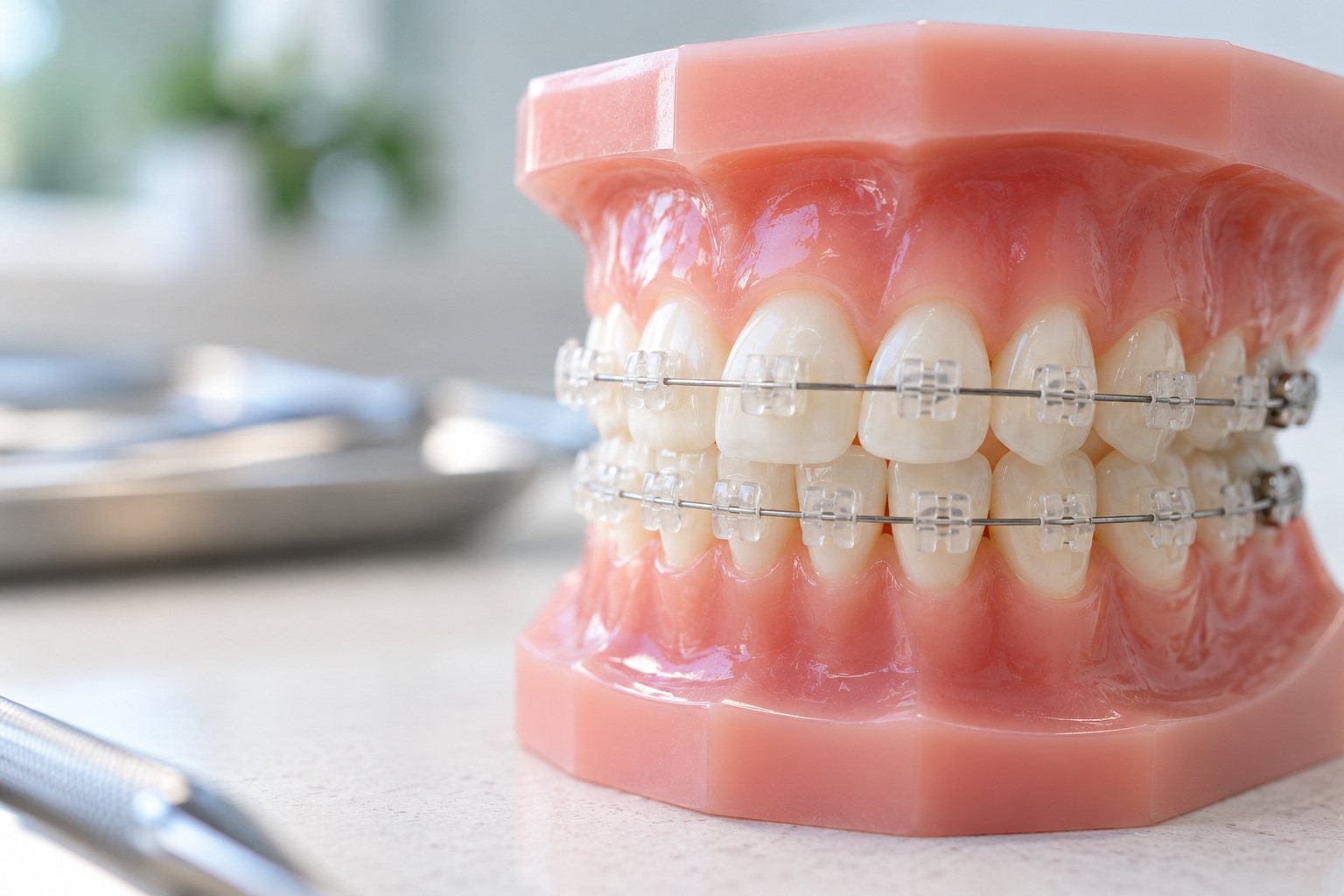 Ceramic braces on a dental model