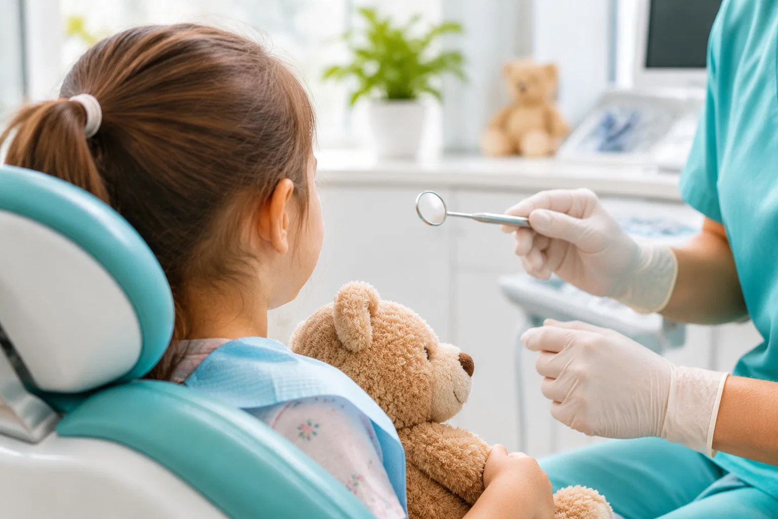 Child in a dental chair seen from behind holding a soft toy