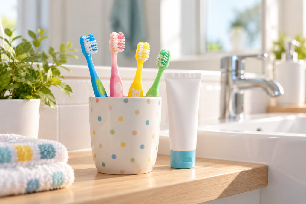Children’s toothbrushes in a cup on a bathroom shelf
