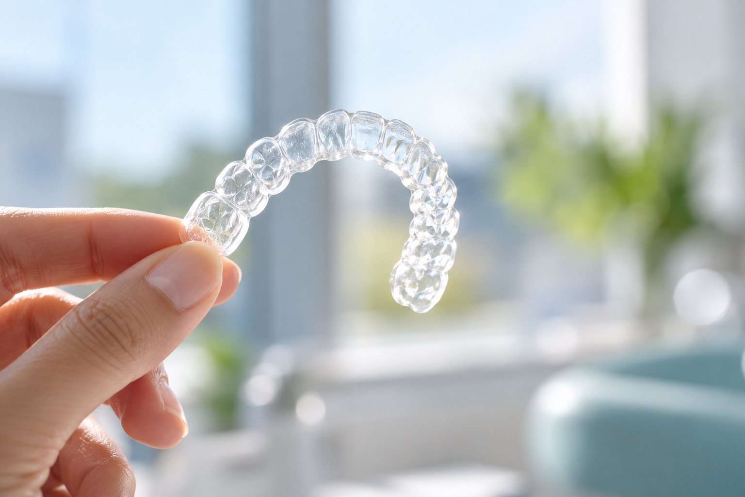 A clear aligner held up to the light