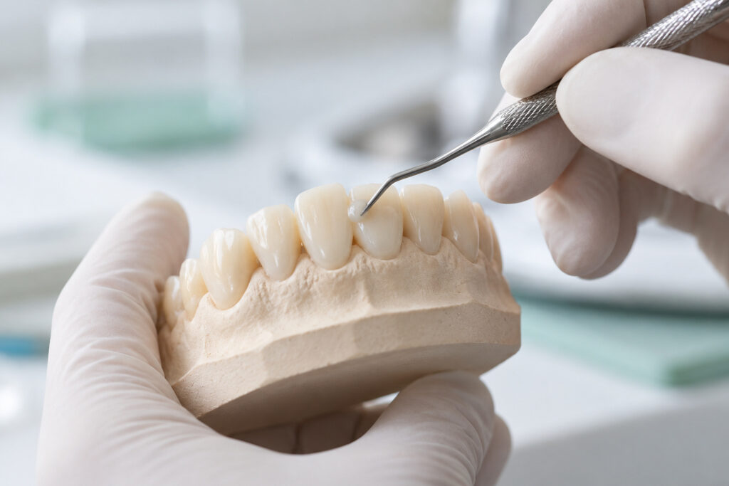 Composite resin being shaped on a model tooth