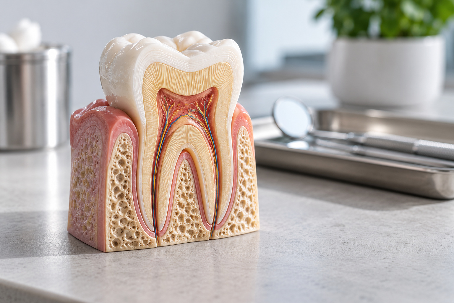 Cross-section tooth model showing enamel, dentine and pulp