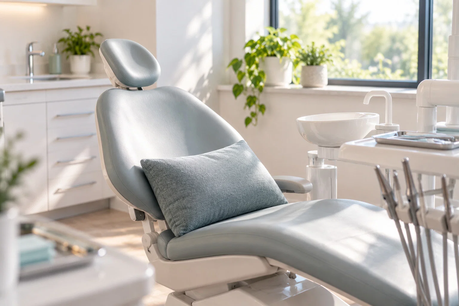 Reclined dental chair with a cushion in a calm surgery