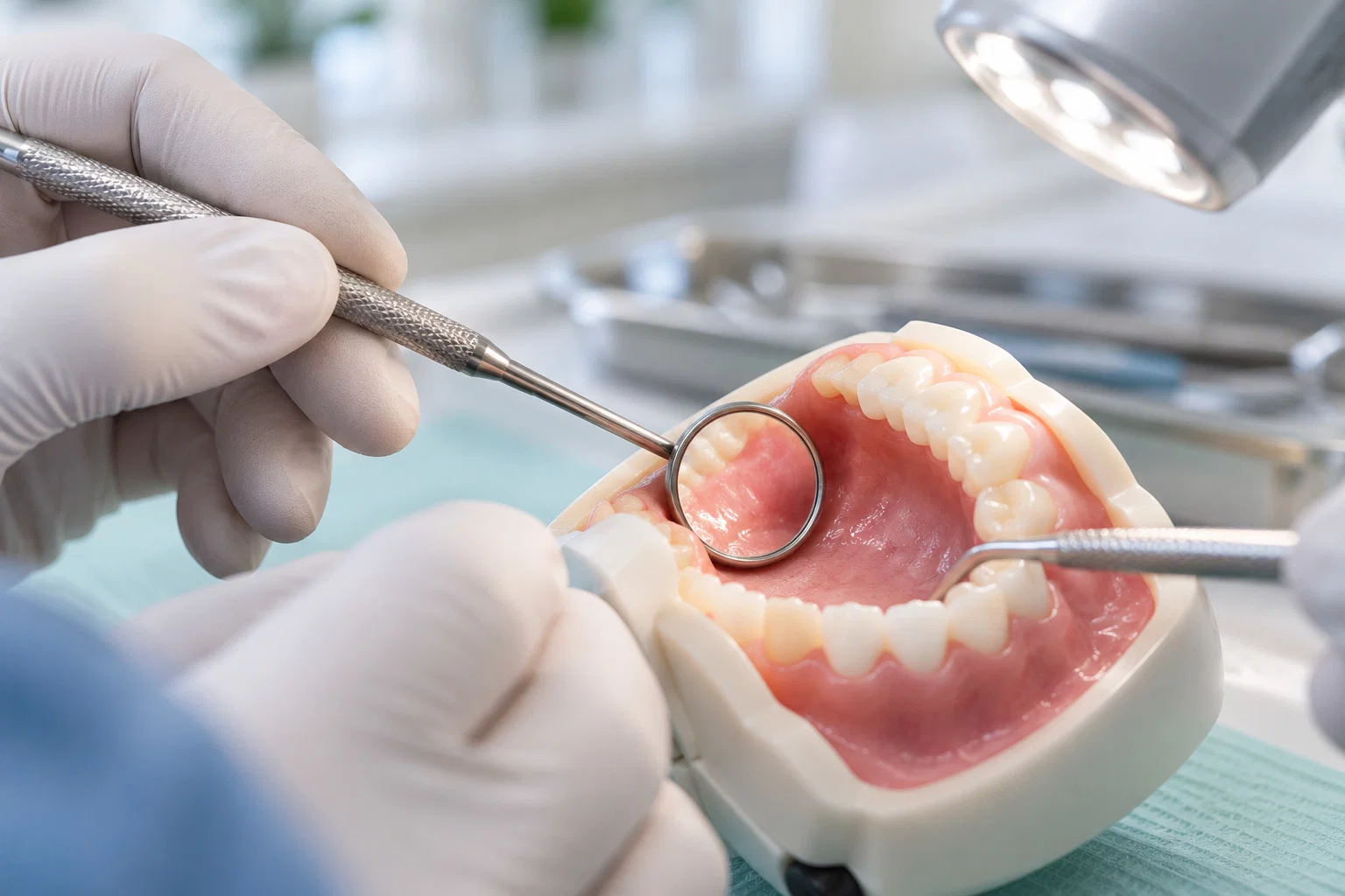 Gloved hands with a dental mirror for a mouth check
