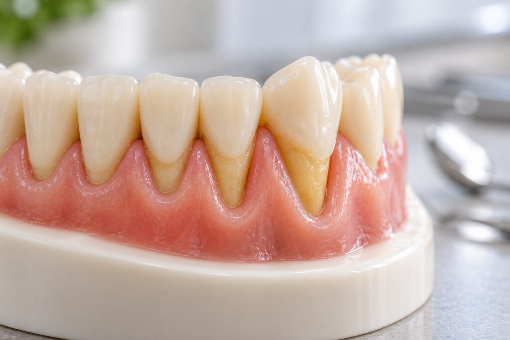 Dental model showing gum recession and exposed roots