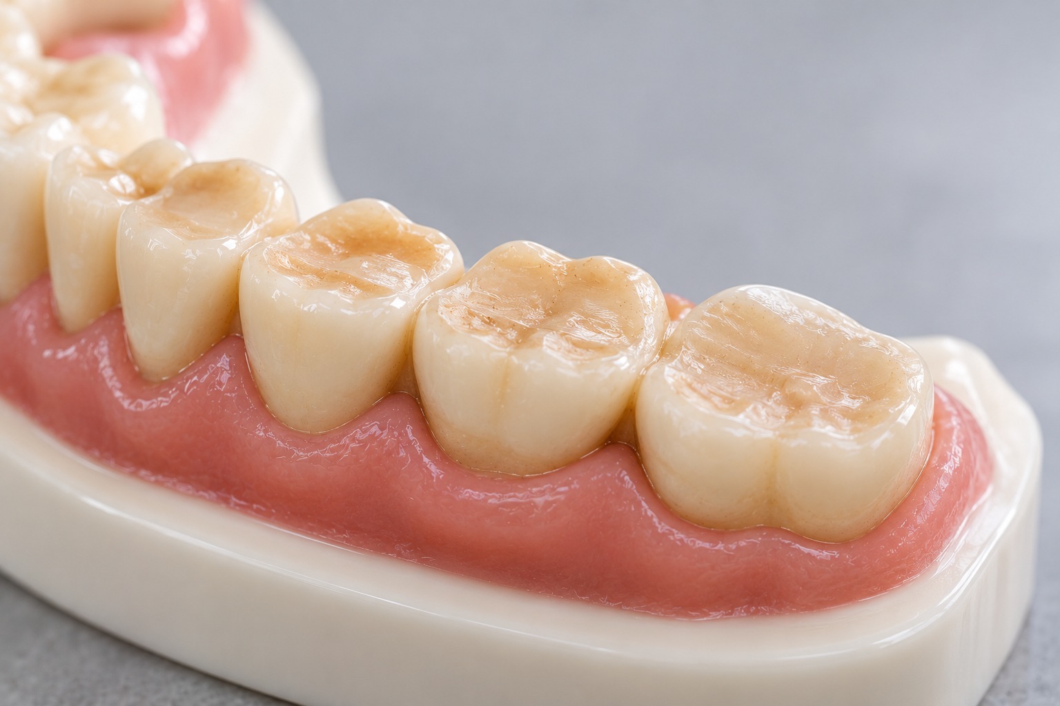 Dental model showing flattened teeth from grinding