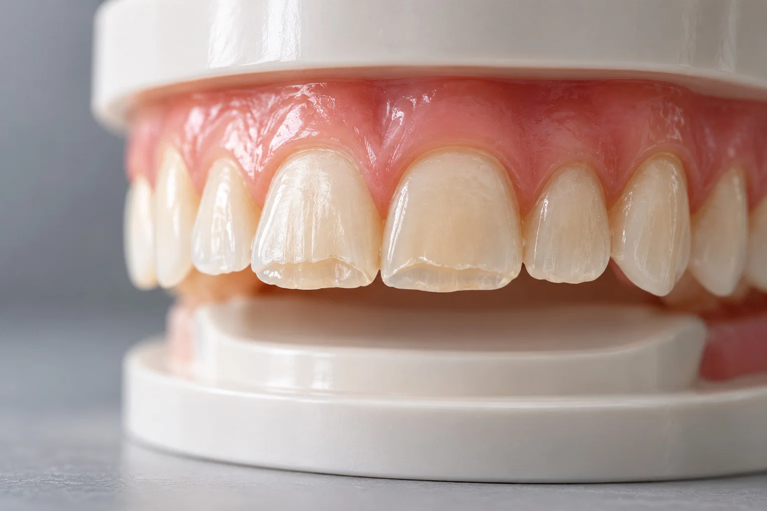 Dental model showing worn front teeth from erosion