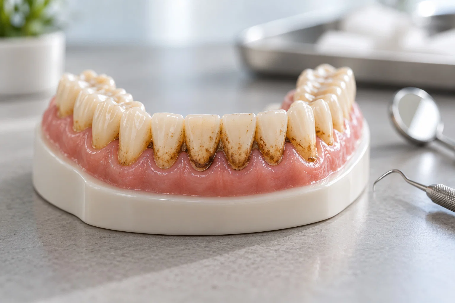 Dental model showing tobacco stains and tartar