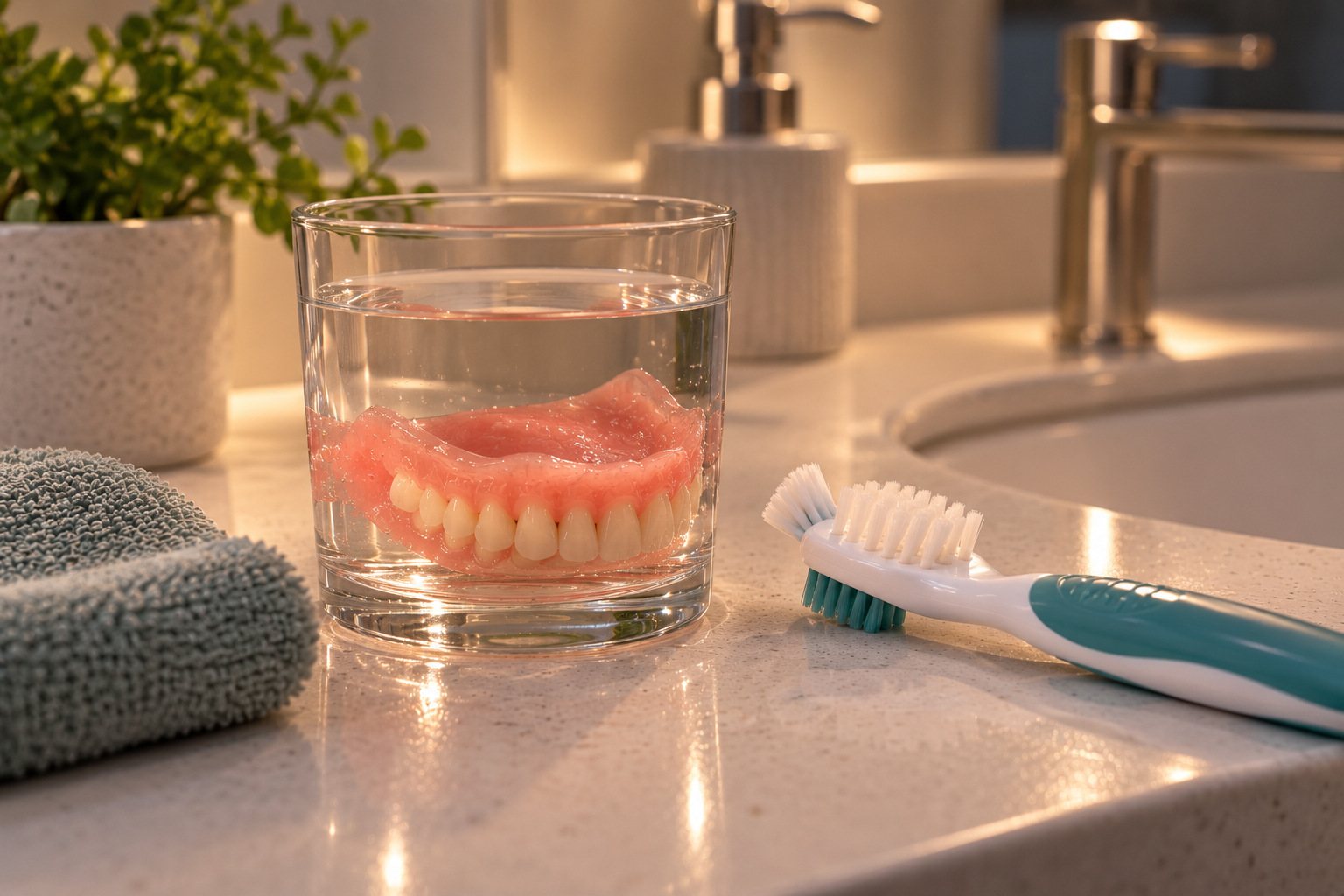 Denture soaking overnight with a denture brush