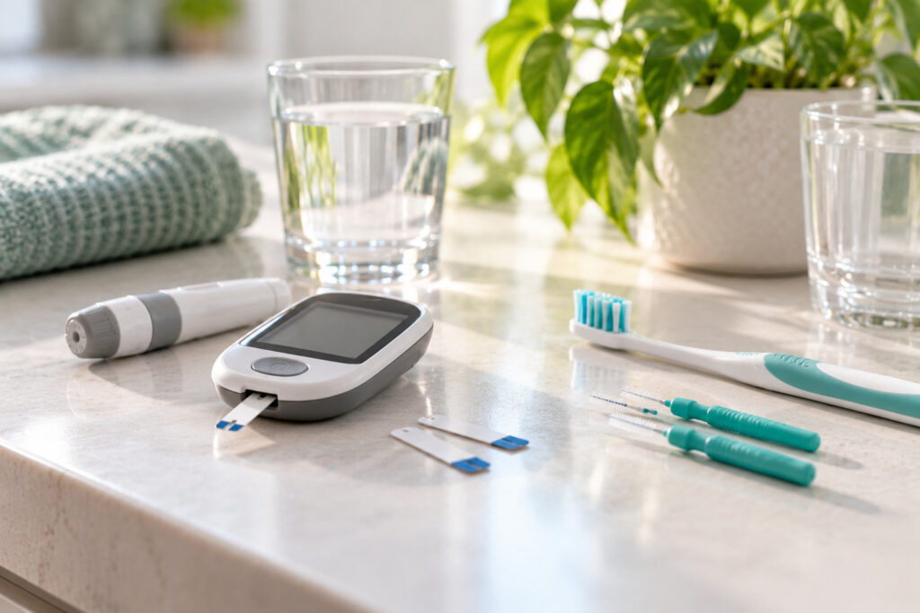 Blood glucose meter beside a toothbrush and interdental brushes
