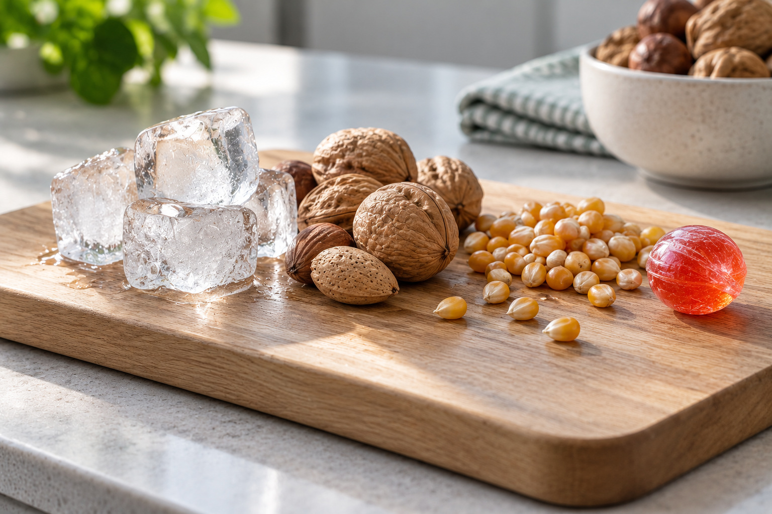 Ice cubes, nut shells, popcorn kernels and a hard lolly
