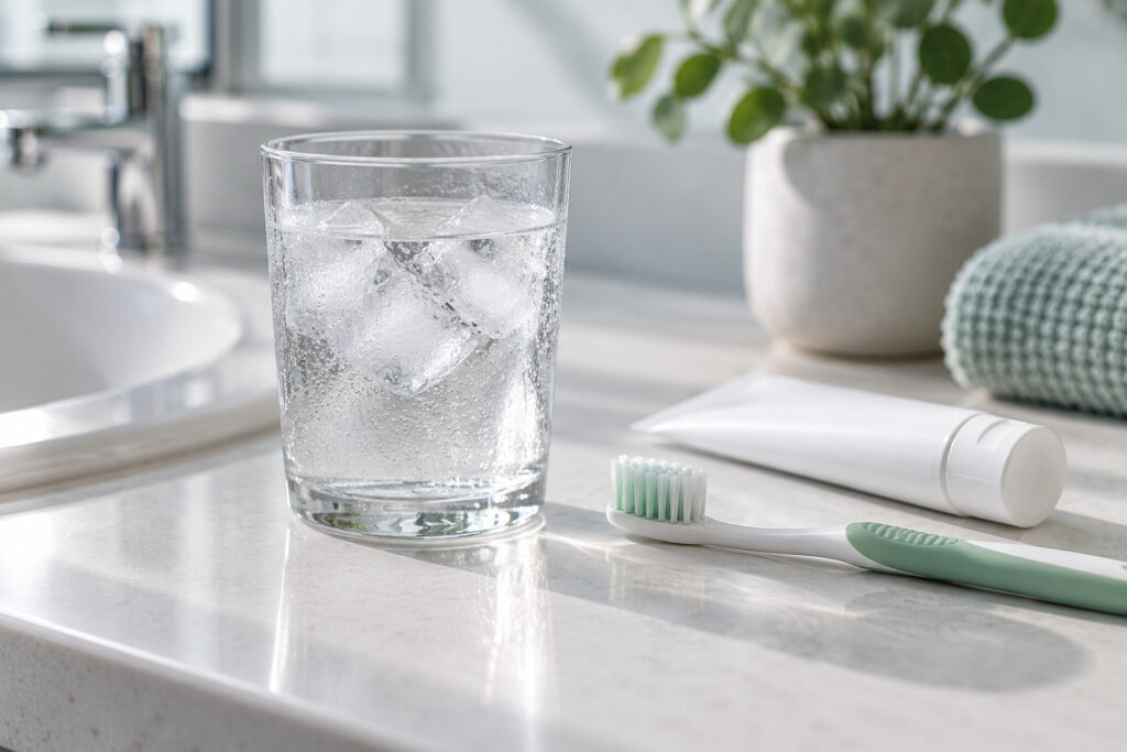 Iced water and a soft toothbrush on a bathroom bench