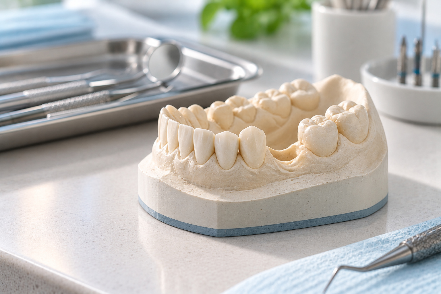 Dental model of a jaw with a missing back tooth