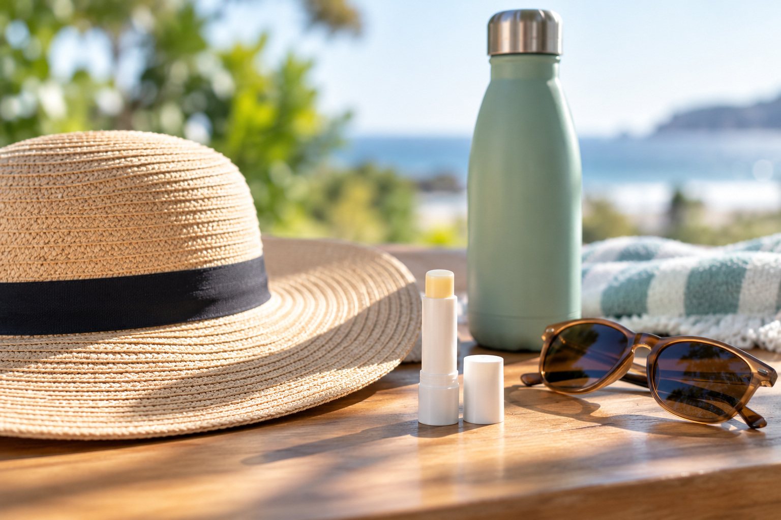 Lip balm and sun hat for sun protection