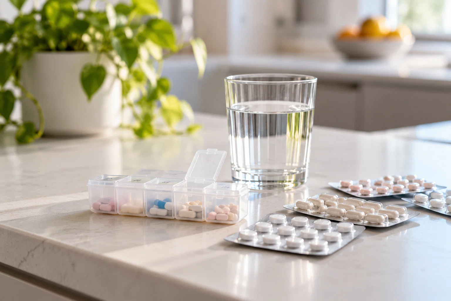 Medicine packs and a pill organiser beside a glass of water