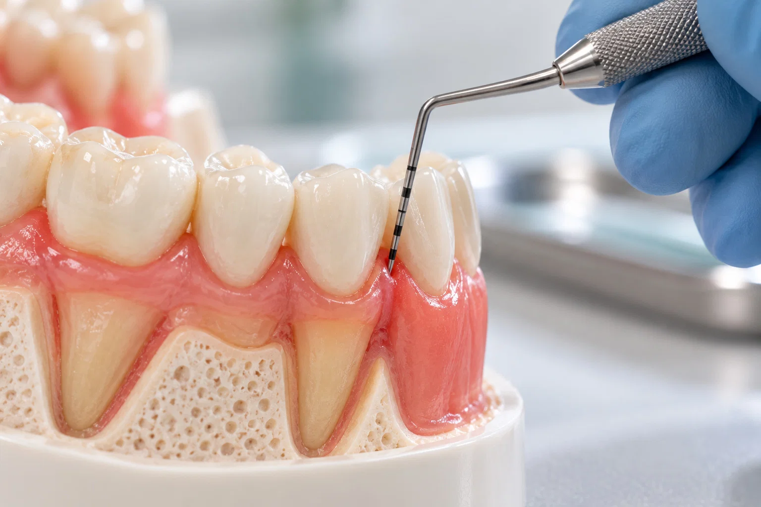 Periodontal probe measuring the gum on a dental model
