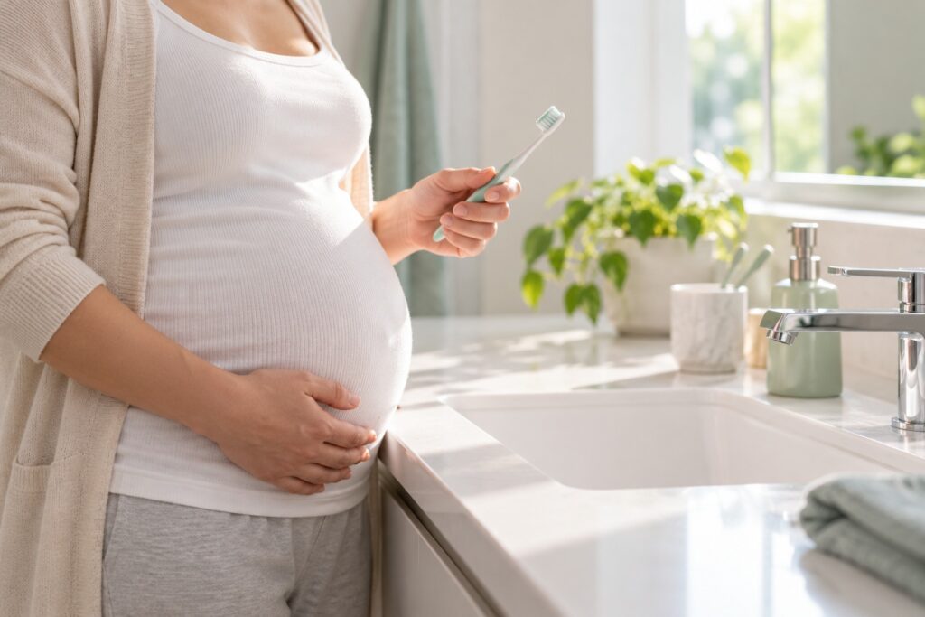 Pregnant woman holding a toothbrush, face not shown
