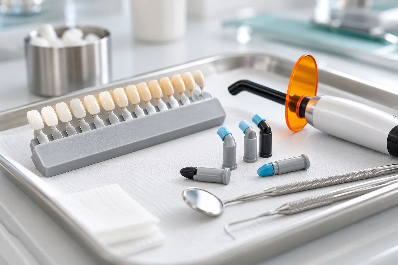 Shade guide, composite capsules and a curing light on a tray