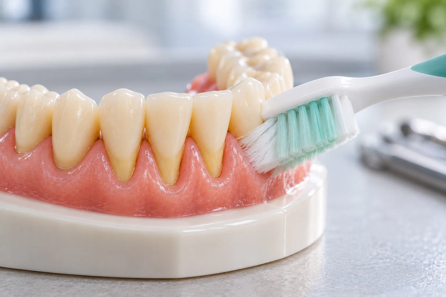 Soft toothbrush angled at the gum line of a dental model