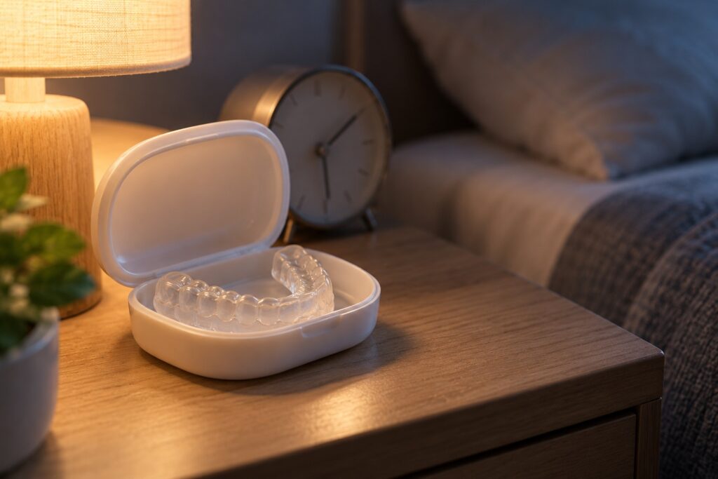 Occlusal splint in a case on a bedside table at night