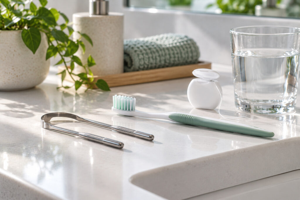 Tongue scraper, toothbrush, floss and water on a bathroom vanity