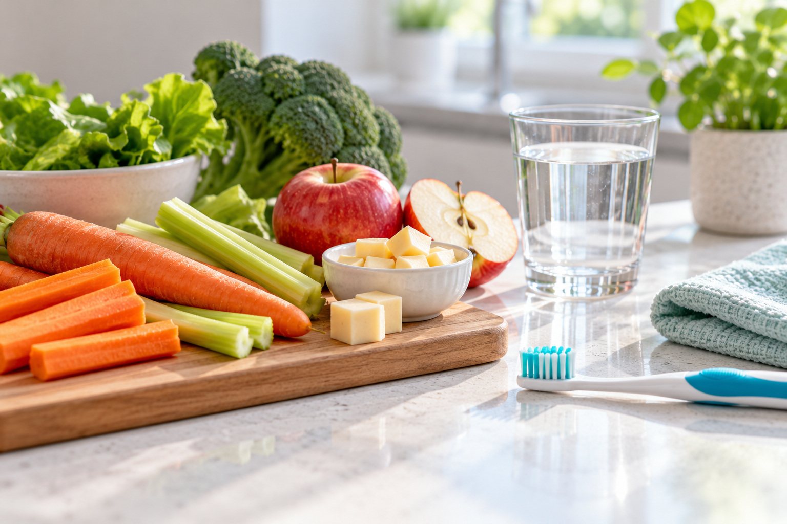 Tooth-friendly foods and a toothbrush