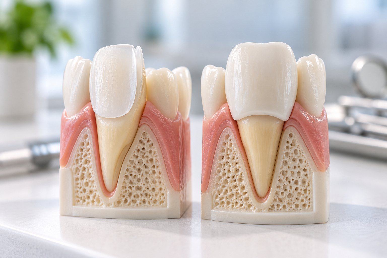 Model comparing veneer and crown coverage