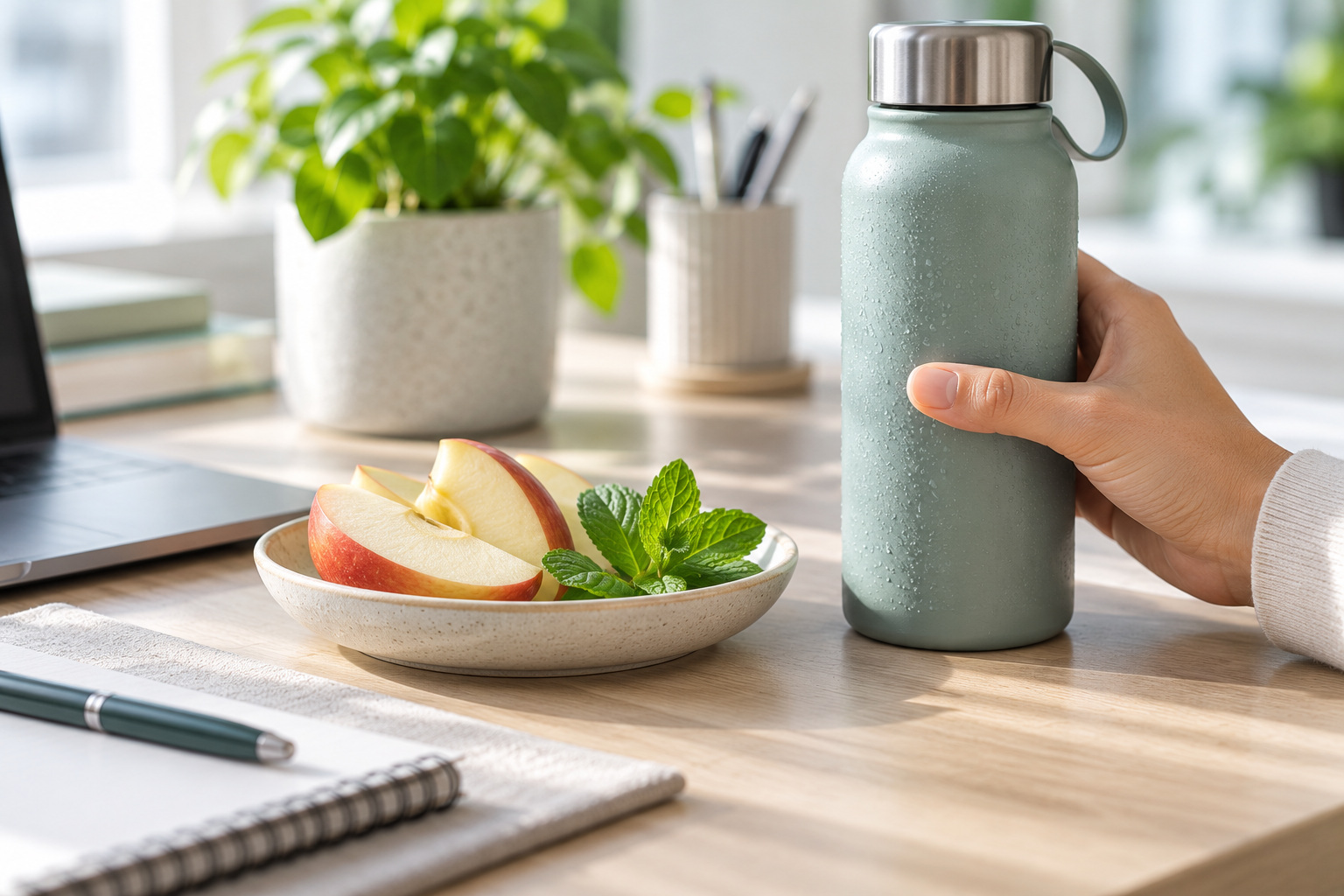 Water bottle, apple slices and fresh mint on a desk