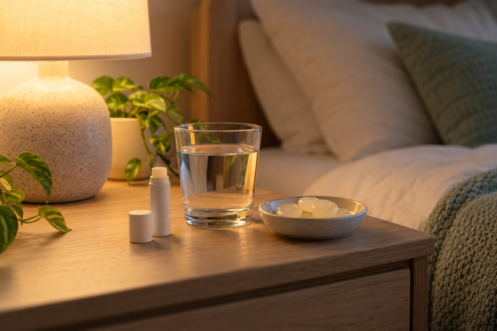 Glass of water, lip balm and lozenges on a bedside table