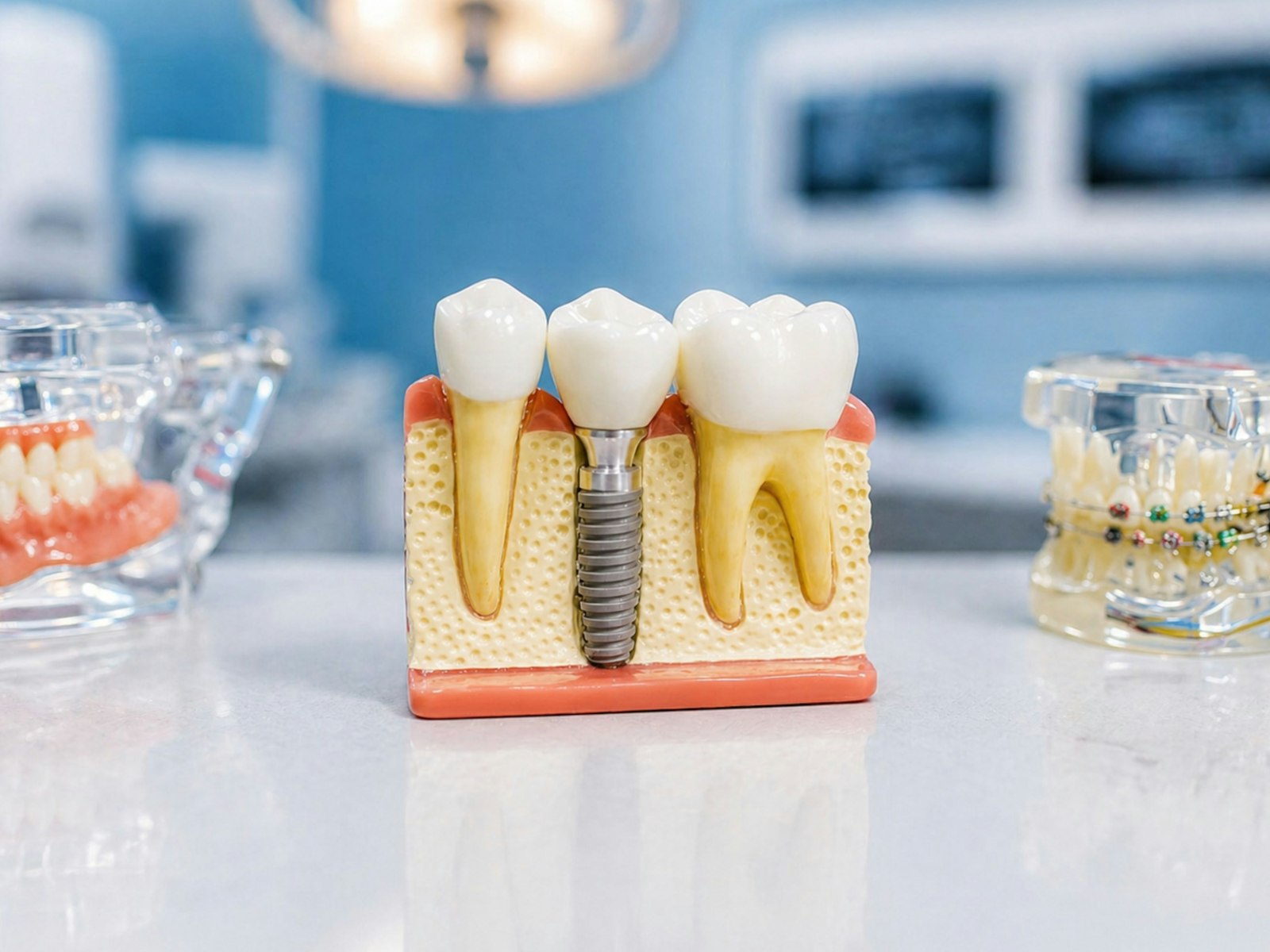 Model showing a dental implant with a crown between two natural teeth